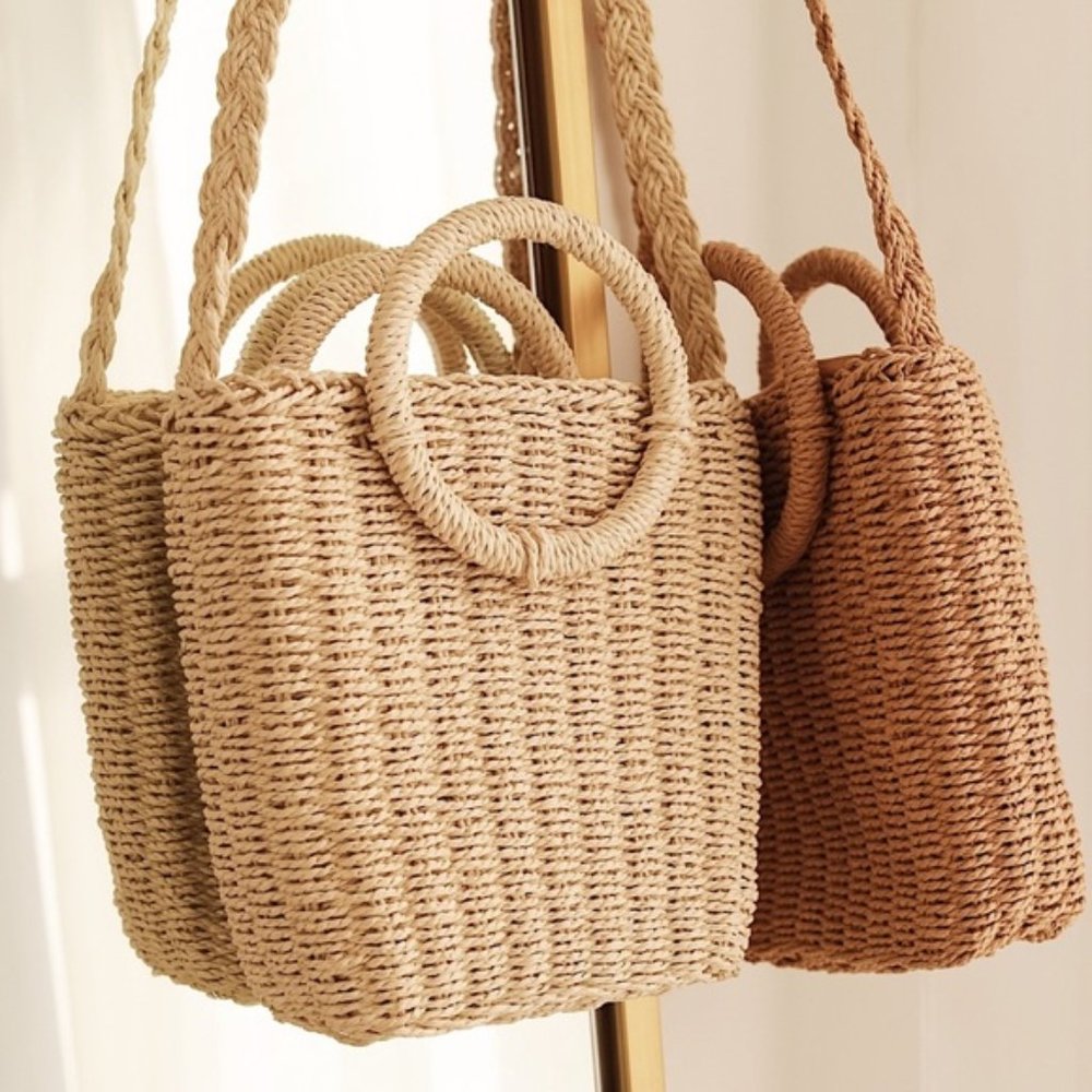 Woven Rattan Top Handle Bag Boho Straw Purse Summer Coastal Chic Cute